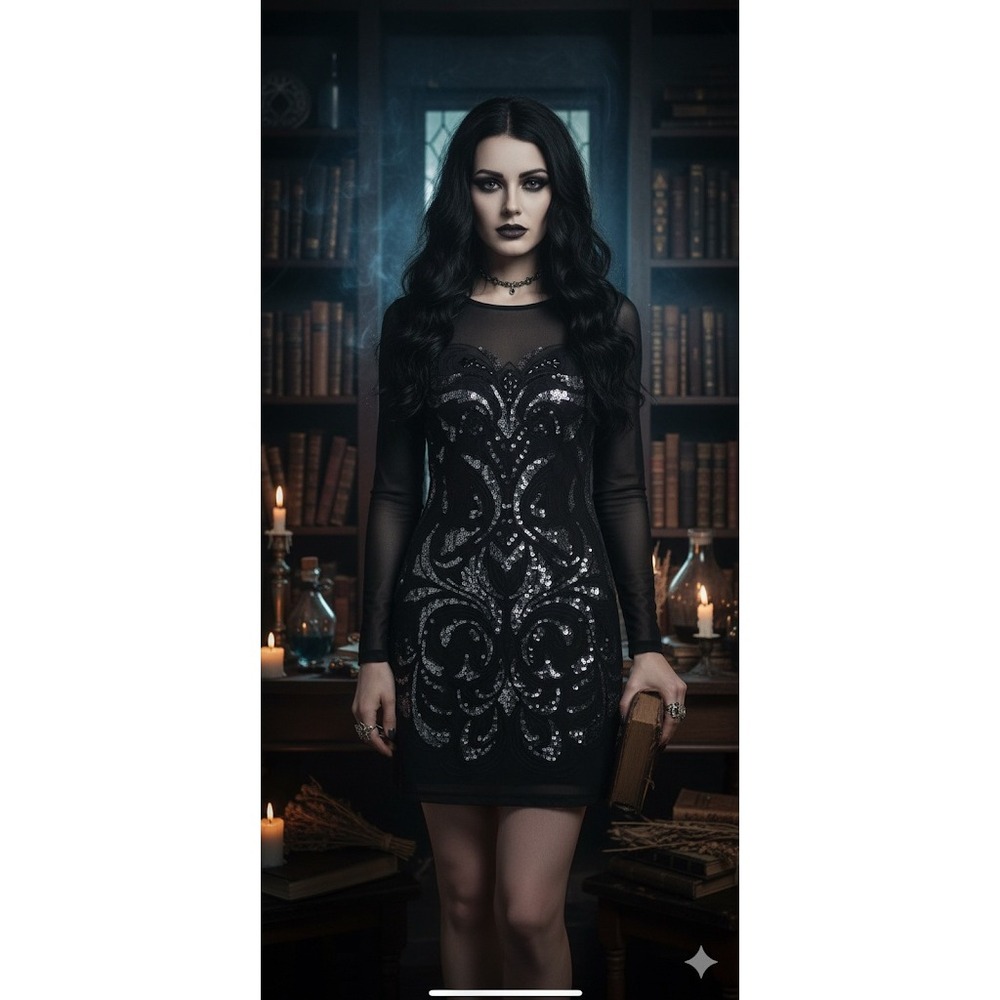 Express Women's Size S Black Sheer Bodycon‎ Sequin Dress Party Witchy Whimsygoth